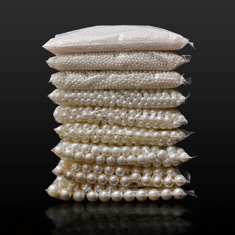 10-1000pcs/lot 3-20mm Straight Holes Acrylic Imitation Pearl Beige Bracelet Round Beads For DIY Craft Jewelry Making Supplies Pi-Mart