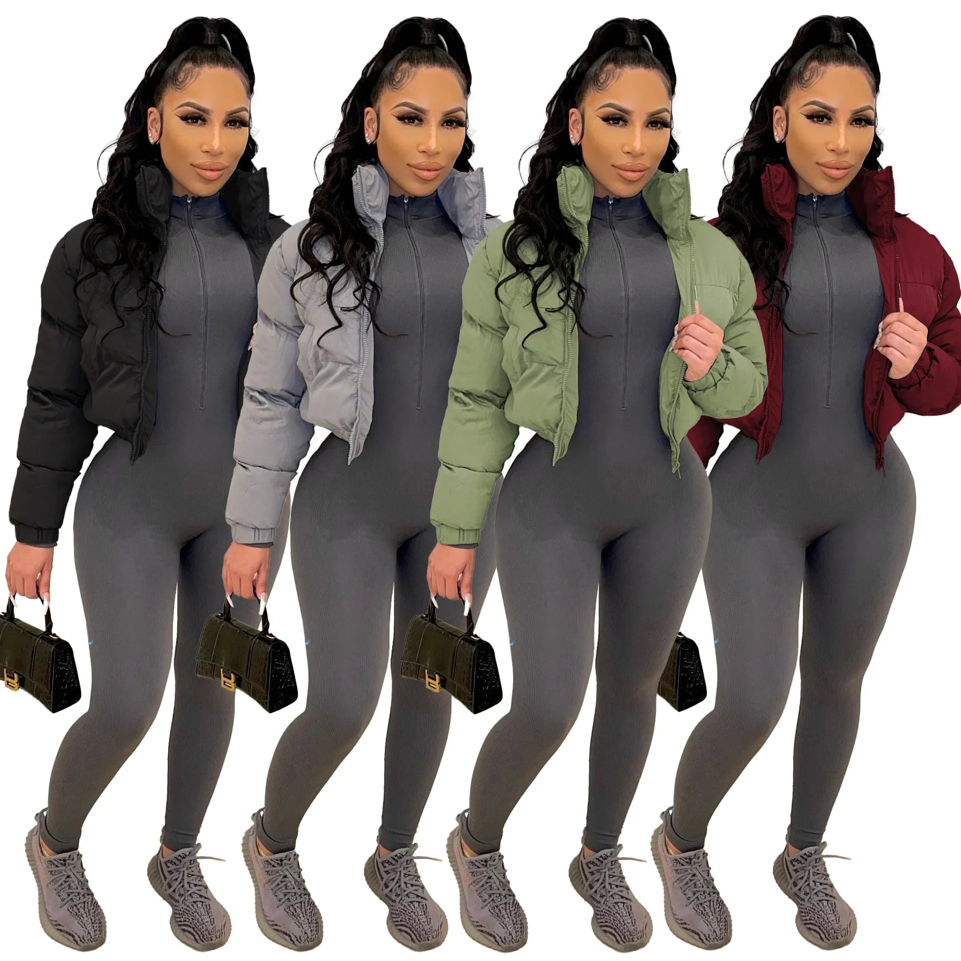 Fall Zip Up Turtleneck Cropped Puffer Jacket Solid Color Wholesale Winter Clothes Women Bubble Coat Outwear LadyShow.Store