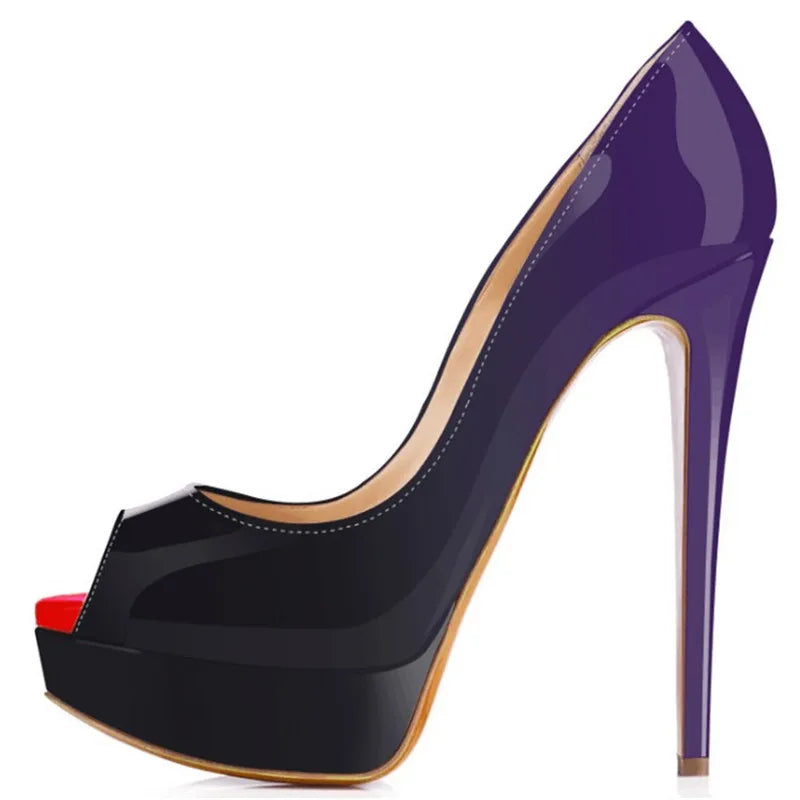 Women Pumps Sexy Platform Peep Toe 14cm Extremely Thin High Heels Stiletto Patent Leather Fashion Party Nighclub Wedding Shoes Pi-Mart