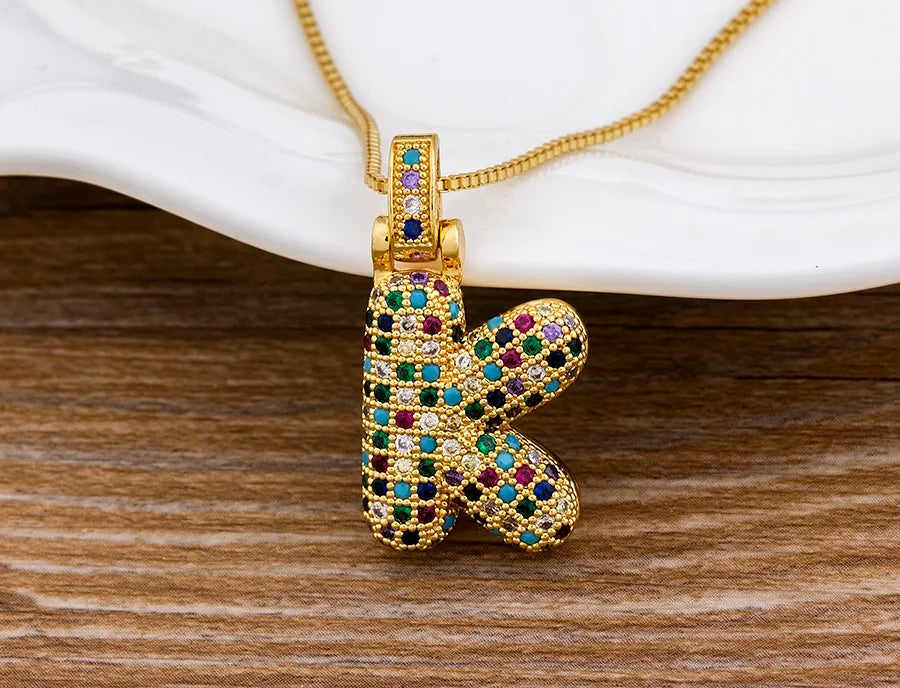 Nidin Fashion Luxury 26 Letters Copper Zircon Pendant Necklace for Women Rainbow Initials Name Necklace Wedding Party Jewelry Pi-Mart