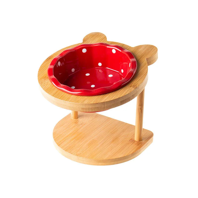 Cute Pets Double Bowl Dog Cat Food Water Feeder Stand Raised Ceramic Dish Bowl Wooden Table Pet Supplies Pi-Mart