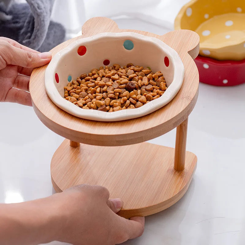 Cute Pets Double Bowl Dog Cat Food Water Feeder Stand Raised Ceramic Dish Bowl Wooden Table Pet Supplies Pi-Mart