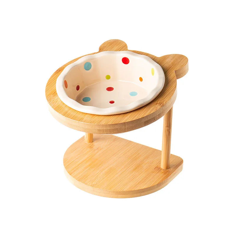 Cute Pets Double Bowl Dog Cat Food Water Feeder Stand Raised Ceramic Dish Bowl Wooden Table Pet Supplies Pi-Mart