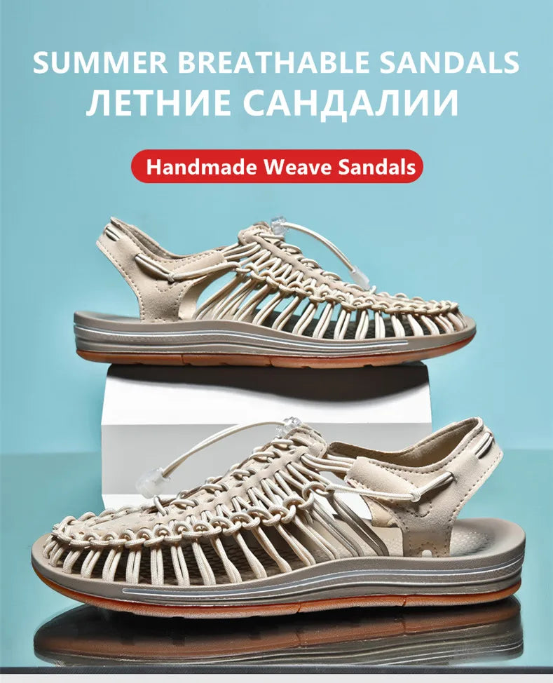 Summer Men Sandals Fashion Handmade Weaving Design Beach Sandals Breathable Casual Flat Sandals Outdoor Couples Sandals Size Pi-Mart