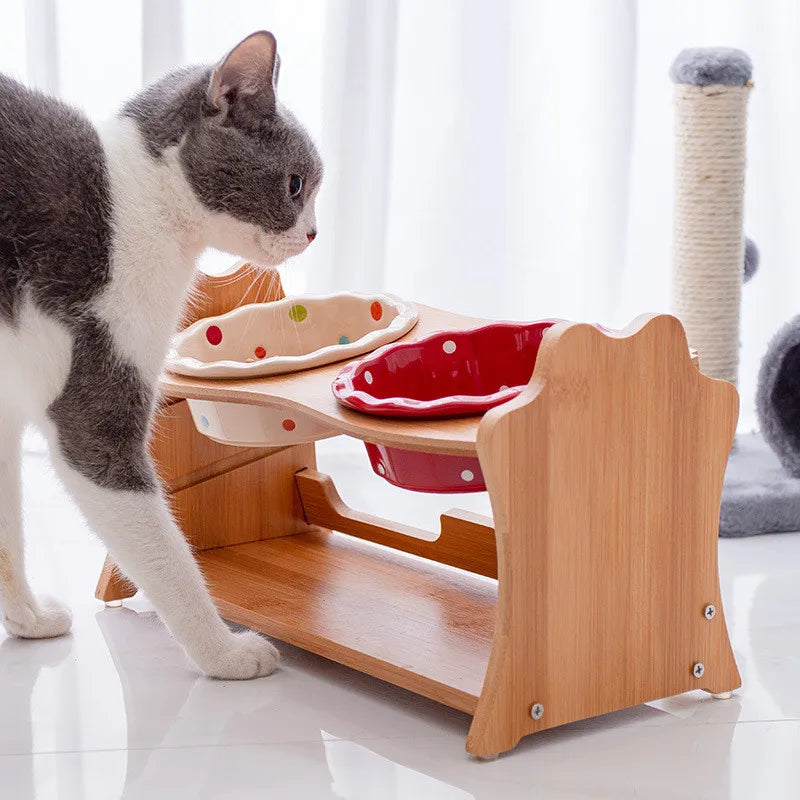 Cute Pets Double Bowl Dog Cat Food Water Feeder Stand Raised Ceramic Dish Bowl Wooden Table Pet Supplies Pi-Mart