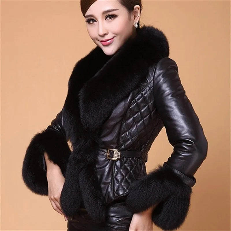 New Winter Leather Jacket Women Coat Faux Fox Fur Collar Short Coat PU Leather Female Jacket Elegant Motorcycle Zipper Outerwear Pi-Mart