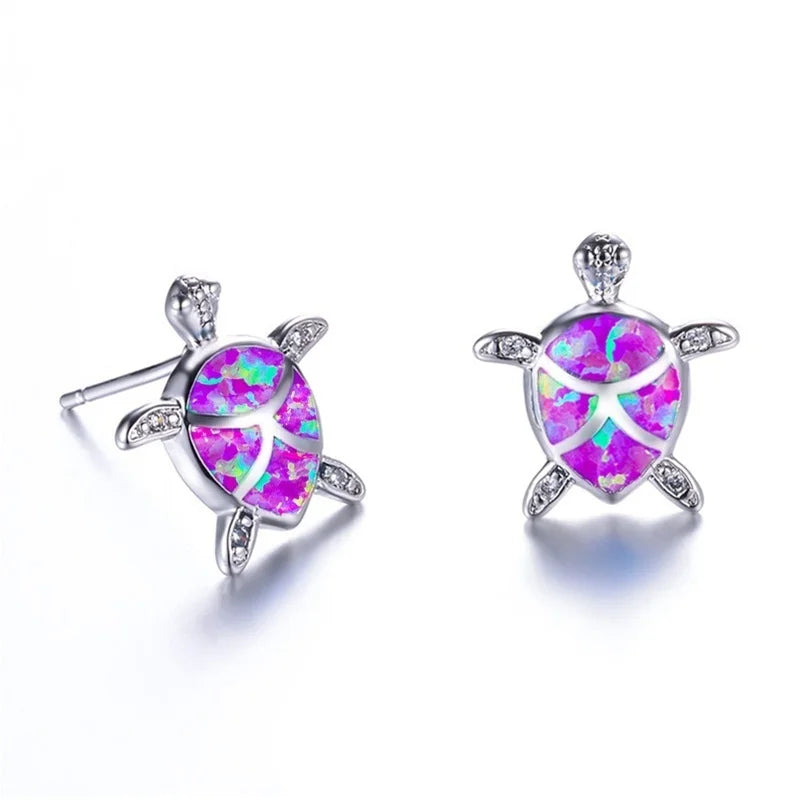 Cute Sea Turtle Stud Earring For Women Fashion Imitation Blue Fire Opal Screw Back Earrings For Women Wedding Band Jewelry Gifts Pi-Mart