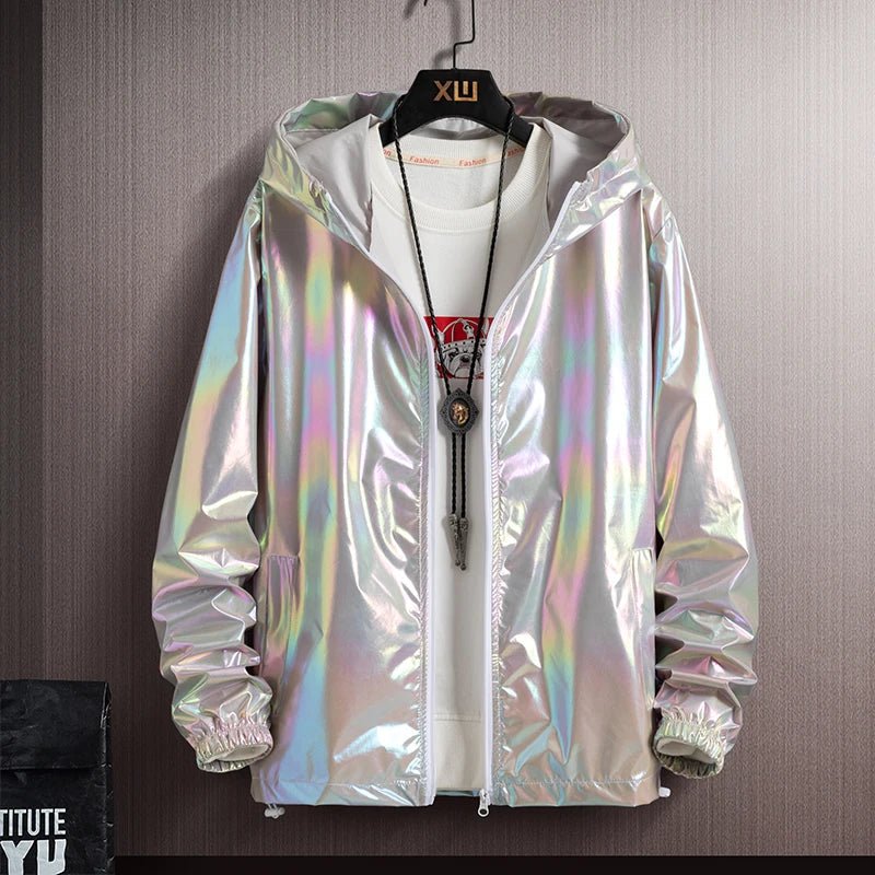 Women Basic Jackets Summer 2026 Colorful Reflective Oversize Thin Windbreaker Women Hooded Jackets Coat Zipper Woman veste femme LadyShow.Store