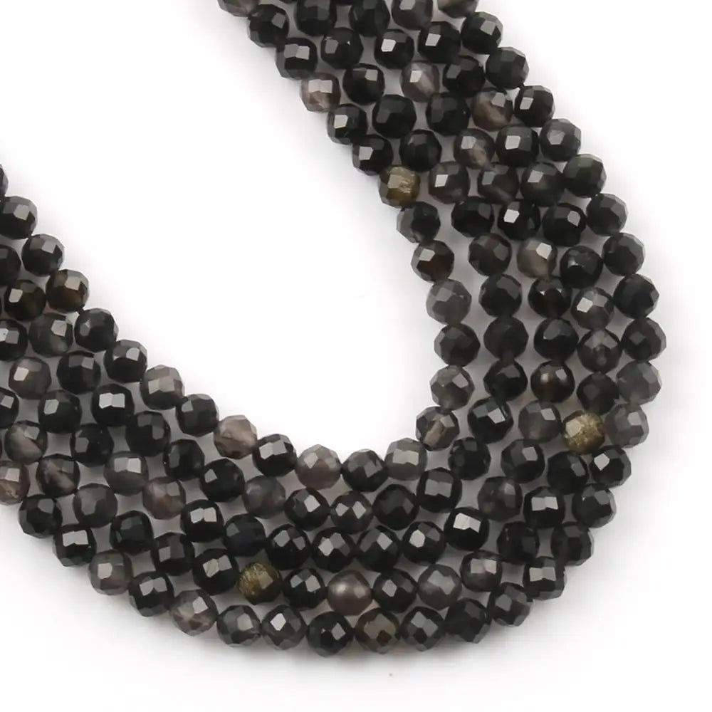 Natural Black Obsidian Stone 2/3/4mm Faceted Loose Round Mineral Beads for Jewelry Making DIY Christmas Gift Bracelets 15inch Pi-Mart