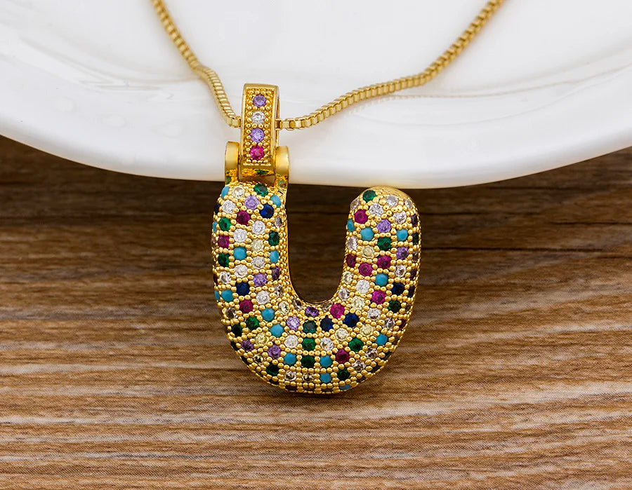 Nidin Fashion Luxury 26 Letters Copper Zircon Pendant Necklace for Women Rainbow Initials Name Necklace Wedding Party Jewelry Pi-Mart