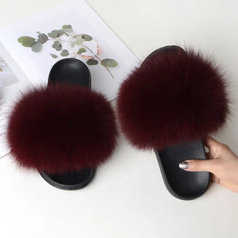 Women Summer Casual Fluffy Slippers With Fur Flat Non-Slip Real Fox Fur Furry Slides Large Size Shoes Fur Sandals LadyShow.Store