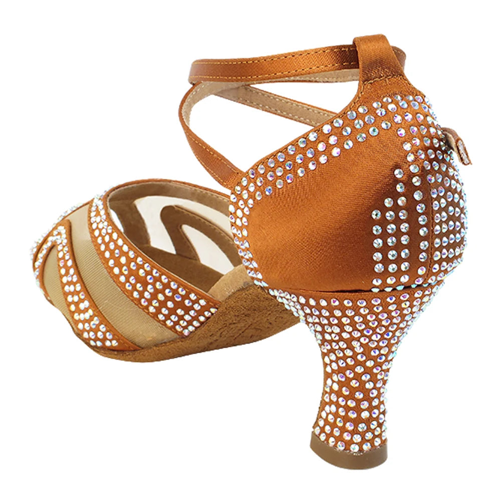 Evkoodance Women's Sexy Brown Rhinestone Latin Dance Shoes Satin Mesh 7cm Heel Salsa Ballroom Tango Practice Dancing Party Shoes Pi-Mart