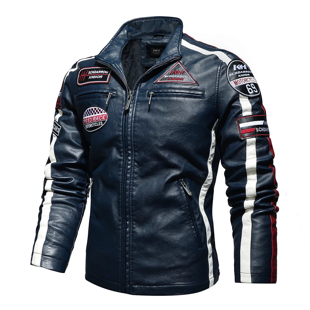 Mens Vintage Motorcycle Jacket 2024 Men Fashion New Biker Leather Jacket Male Embroidery Bomber Coat Winter Fleece Pu Overcoat Pi-Mart