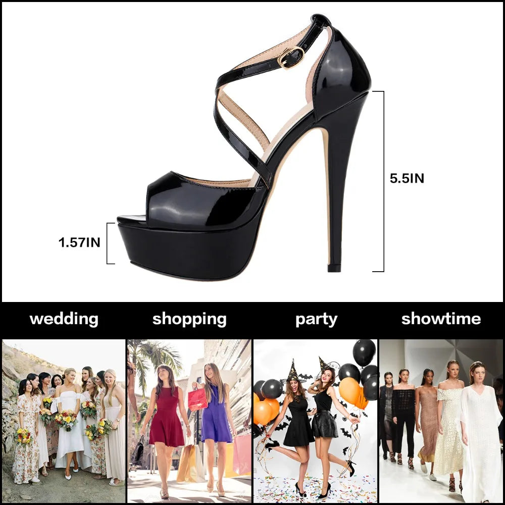 2026 Women Sandals 14CM Platform High Heels Sexy Ankle Strap Sandal Open Toe Stilettos Party Dress Wedding Shoes Plus Size 44 Pi-Mart