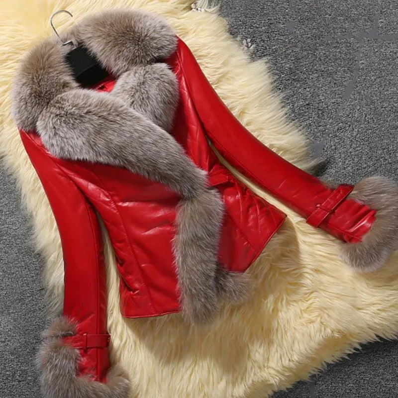 New Winter Leather Jacket Women Coat Faux Fox Fur Collar Short Coat PU Leather Female Jacket Elegant Motorcycle Zipper Outerwear Pi-Mart