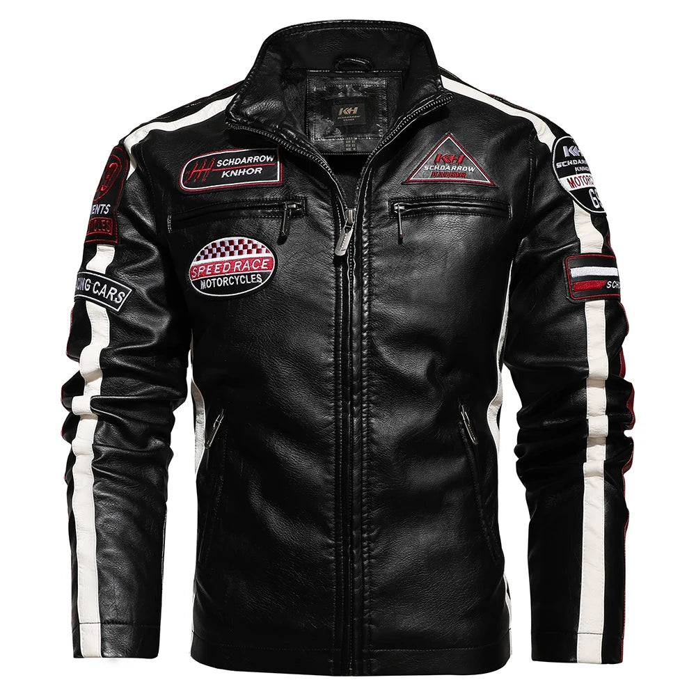Mens Vintage Motorcycle Jacket 2024 Men Fashion New Biker Leather Jacket Male Embroidery Bomber Coat Winter Fleece Pu Overcoat Pi-Mart