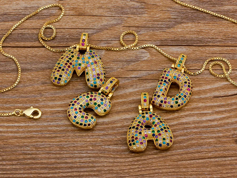 Nidin Fashion Luxury 26 Letters Copper Zircon Pendant Necklace for Women Rainbow Initials Name Necklace Wedding Party Jewelry Pi-Mart