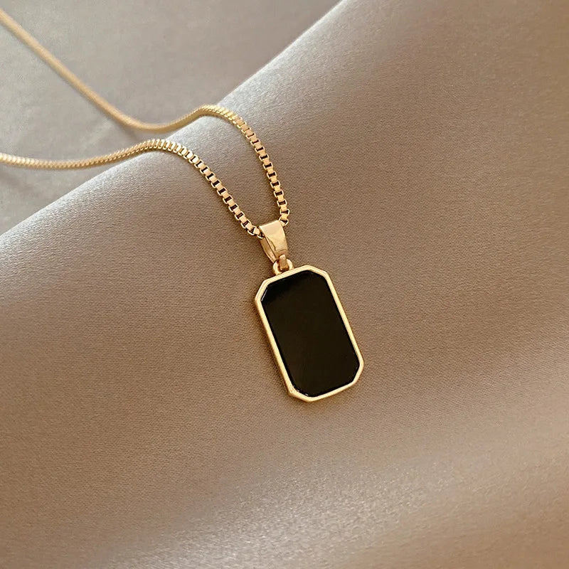 DIEYURO 316L Stainless Steel Minimalist Rectangular Pendant Korean Black Epoxy Women's Gold Necklace Exquisite Long Jewelry Gift Pi-Mart