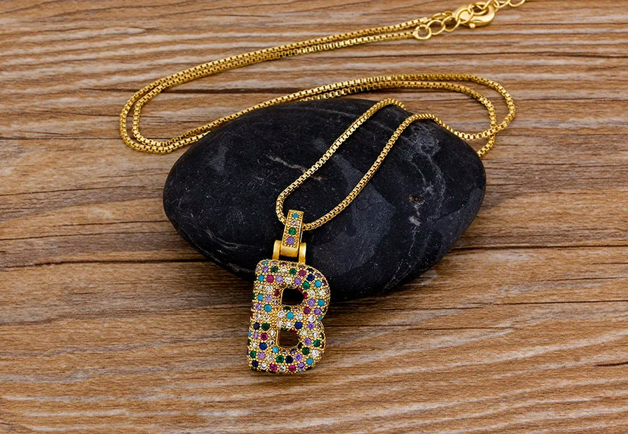 Nidin Fashion Luxury 26 Letters Copper Zircon Pendant Necklace for Women Rainbow Initials Name Necklace Wedding Party Jewelry Pi-Mart