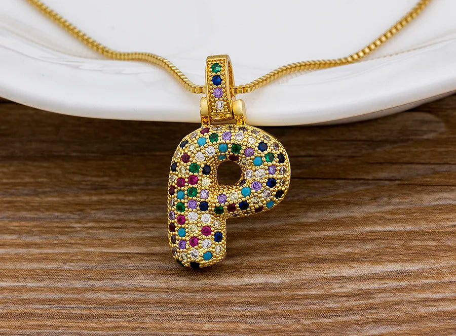 Nidin Fashion Luxury 26 Letters Copper Zircon Pendant Necklace for Women Rainbow Initials Name Necklace Wedding Party Jewelry Pi-Mart