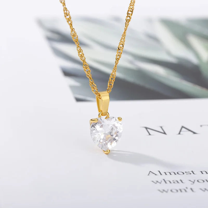 Heart Necklaces For Women Stainless Steel Gold Plated Chain Zircon Heart Pendant Choker Necklace Wedding Boho Jewelry Gift Femme Pi-Mart