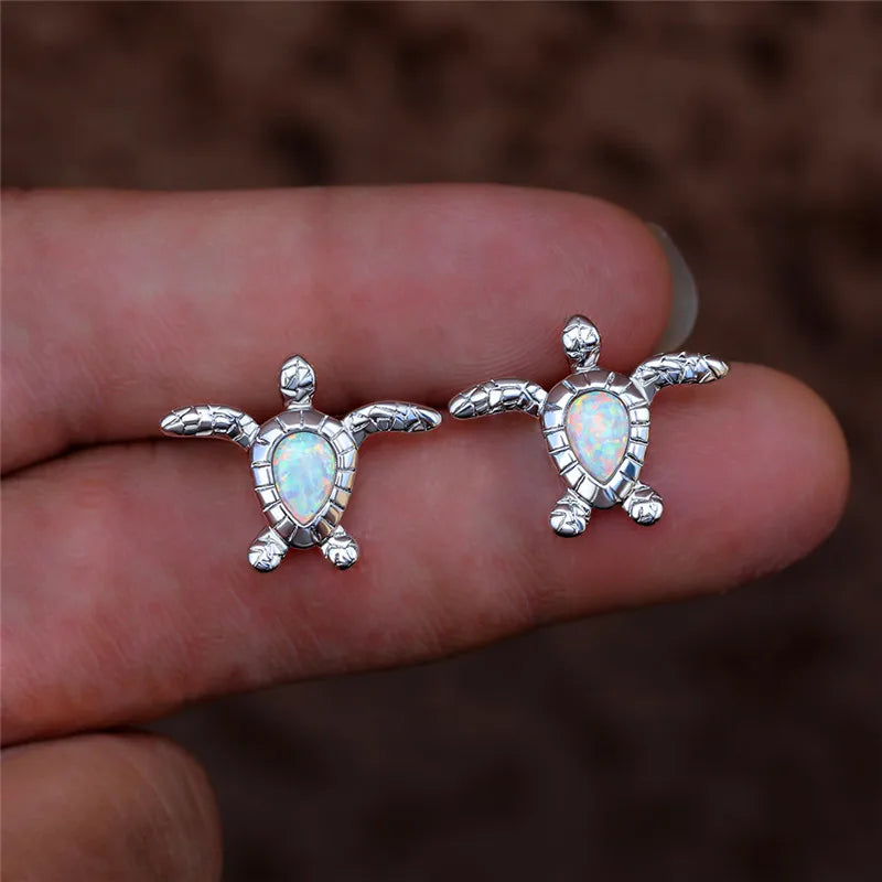 Cute Sea Turtle Stud Earring For Women Fashion Imitation Blue Fire Opal Screw Back Earrings For Women Wedding Band Jewelry Gifts Pi-Mart