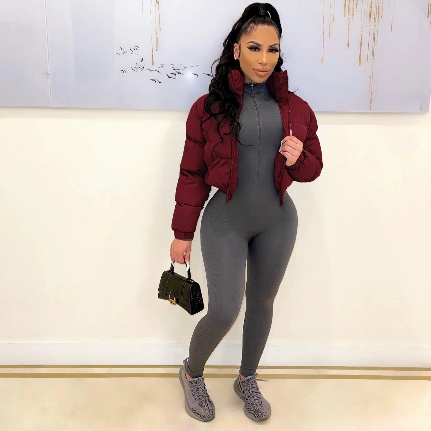 Fall Zip Up Turtleneck Cropped Puffer Jacket Solid Color Wholesale Winter Clothes Women Bubble Coat Outwear LadyShow.Store