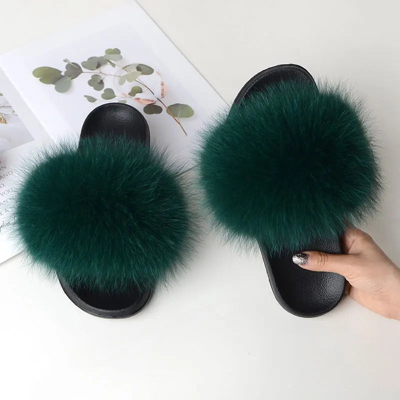Women Summer Casual Fluffy Slippers With Fur Flat Non-Slip Real Fox Fur Furry Slides Large Size Shoes Fur Sandals LadyShow.Store
