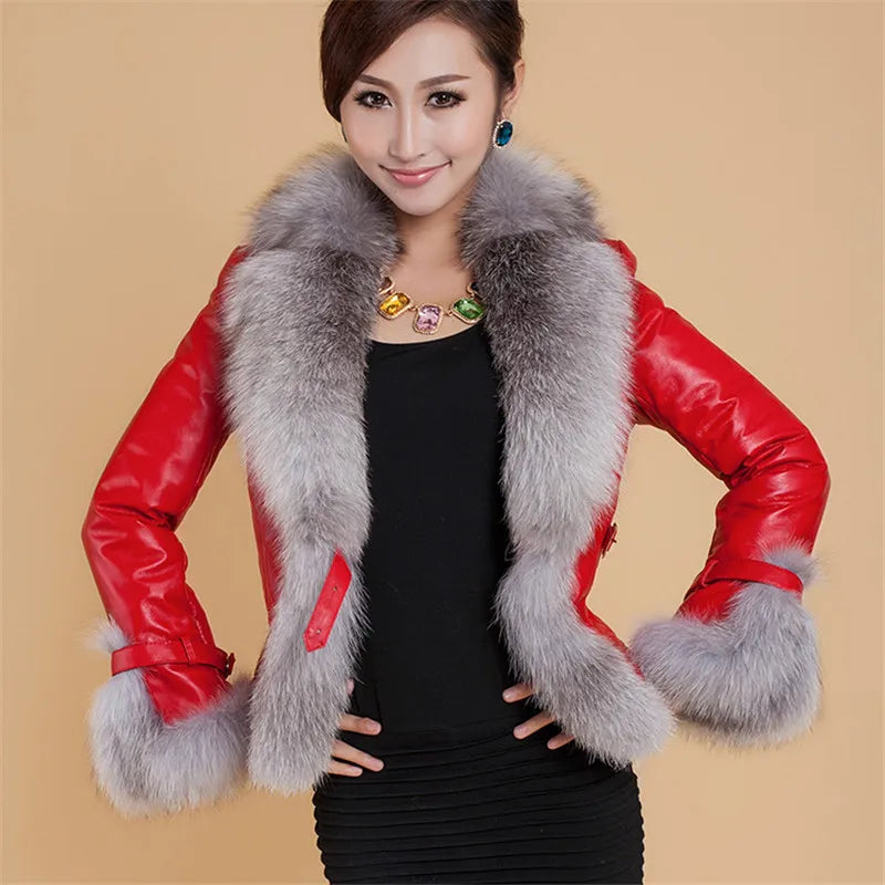 New Winter Leather Jacket Women Coat Faux Fox Fur Collar Short Coat PU Leather Female Jacket Elegant Motorcycle Zipper Outerwear Pi-Mart