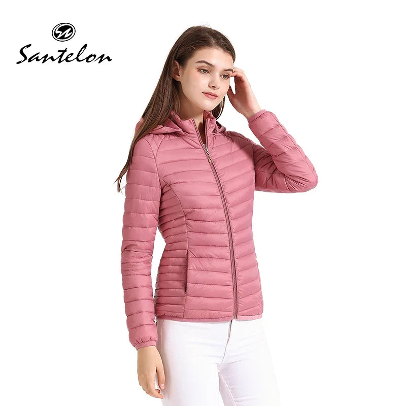 SANTELON Women Fashion Ultralight Padded Puffer Jacket Coat Lady Soild Lightweight Warm Outwear With Detachable Hood Storage Bag LadyShow.Store