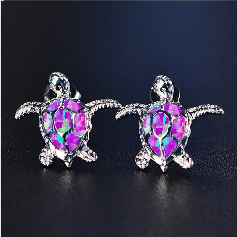 Cute Sea Turtle Stud Earring For Women Fashion Imitation Blue Fire Opal Screw Back Earrings For Women Wedding Band Jewelry Gifts Pi-Mart