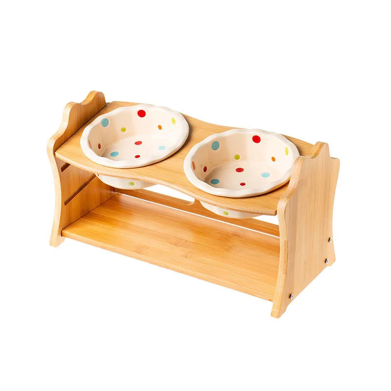 Cute Pets Double Bowl Dog Cat Food Water Feeder Stand Raised Ceramic Dish Bowl Wooden Table Pet Supplies Pi-Mart