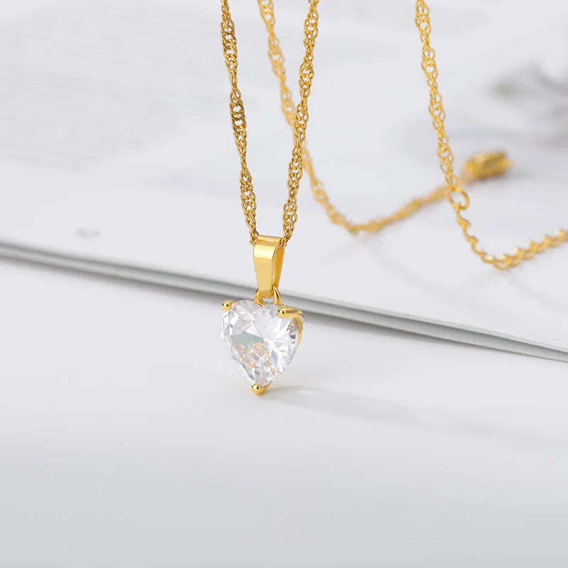 Heart Necklaces For Women Stainless Steel Gold Plated Chain Zircon Heart Pendant Choker Necklace Wedding Boho Jewelry Gift Femme Pi-Mart