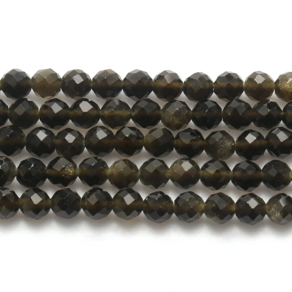 Natural Black Obsidian Stone 2/3/4mm Faceted Loose Round Mineral Beads for Jewelry Making DIY Christmas Gift Bracelets 15inch Pi-Mart