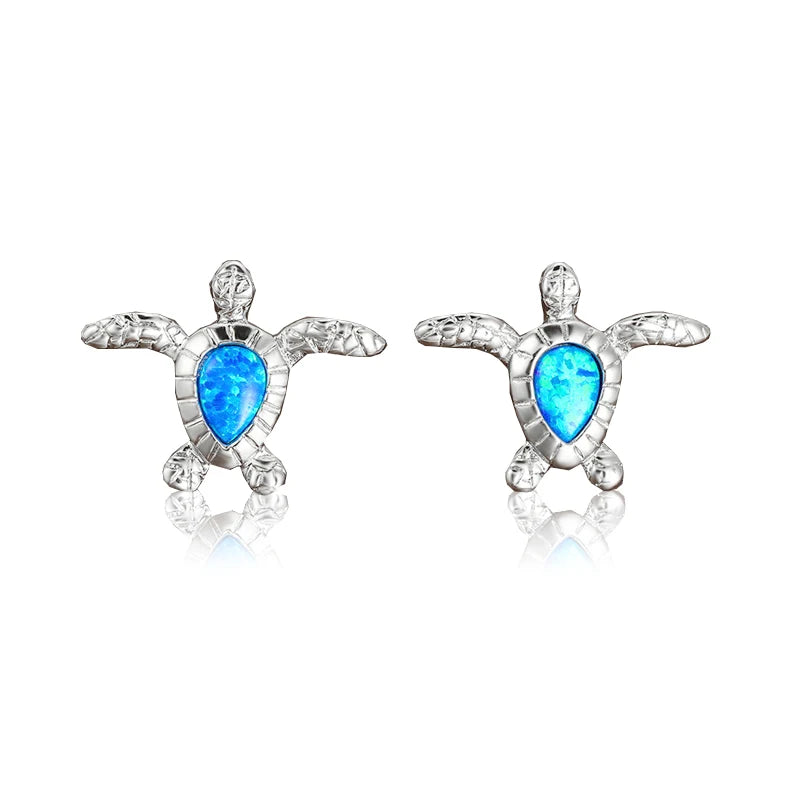 Cute Sea Turtle Stud Earring For Women Fashion Imitation Blue Fire Opal Screw Back Earrings For Women Wedding Band Jewelry Gifts Pi-Mart