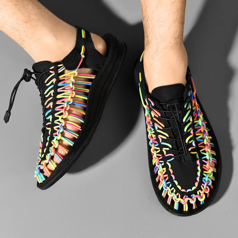 Summer Men Sandals Fashion Handmade Weaving Design Beach Sandals Breathable Casual Flat Sandals Outdoor Couples Sandals Size Pi-Mart