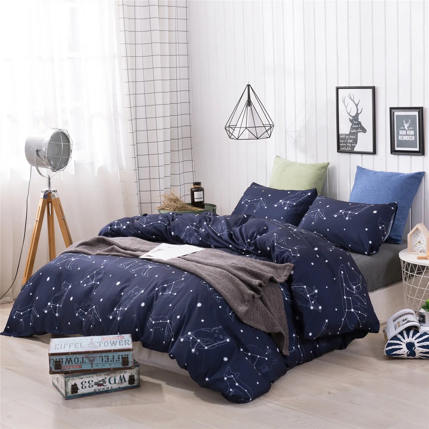 3pcs Set Blue Starry Sky Duvet Cover Bedding Set Double Bed Duvet Cover Twin King Size Bed Constellation Pattern Bed Sheet Set LadyShow.Store