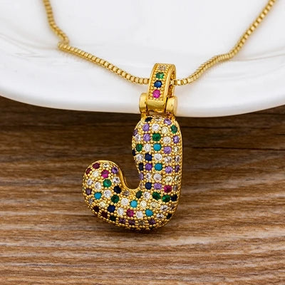 Nidin Fashion Luxury 26 Letters Copper Zircon Pendant Necklace for Women Rainbow Initials Name Necklace Wedding Party Jewelry Pi-Mart