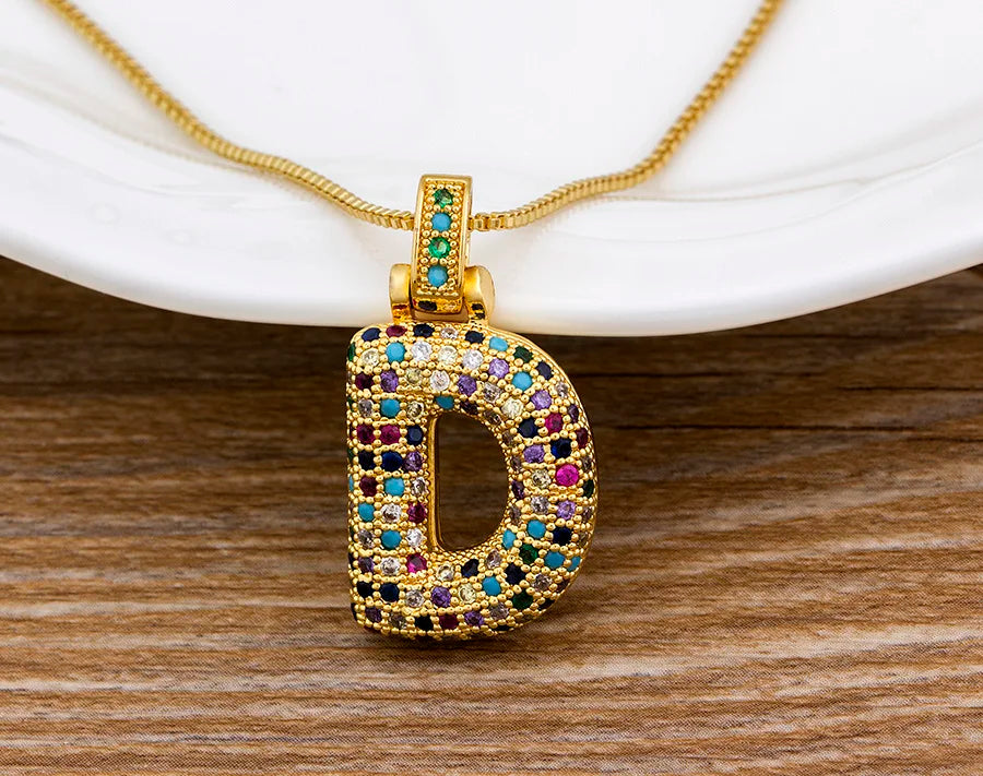 Nidin Fashion Luxury 26 Letters Copper Zircon Pendant Necklace for Women Rainbow Initials Name Necklace Wedding Party Jewelry Pi-Mart