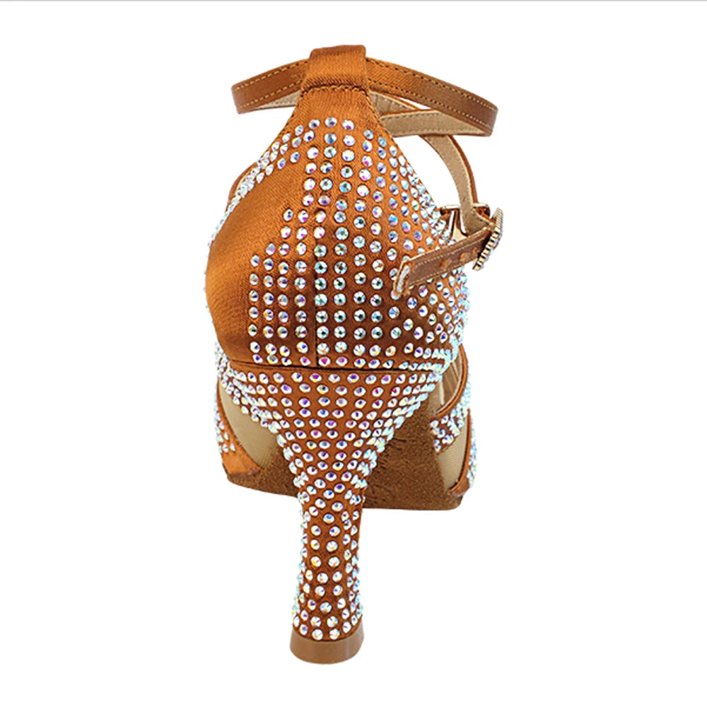Evkoodance Women's Sexy Brown Rhinestone Latin Dance Shoes Satin Mesh 7cm Heel Salsa Ballroom Tango Practice Dancing Party Shoes Pi-Mart