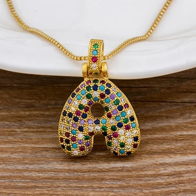 Nidin Fashion Luxury 26 Letters Copper Zircon Pendant Necklace for Women Rainbow Initials Name Necklace Wedding Party Jewelry Pi-Mart