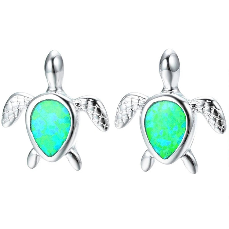 Cute Sea Turtle Stud Earring For Women Fashion Imitation Blue Fire Opal Screw Back Earrings For Women Wedding Band Jewelry Gifts Pi-Mart