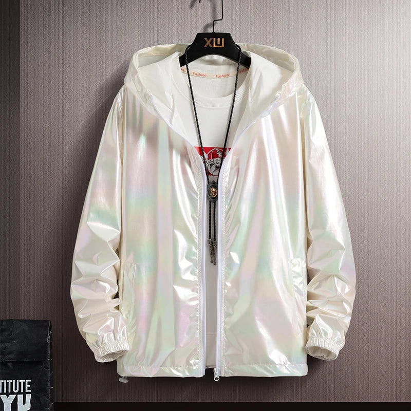 Women Basic Jackets Summer 2026 Colorful Reflective Oversize Thin Windbreaker Women Hooded Jackets Coat Zipper Woman veste femme LadyShow.Store