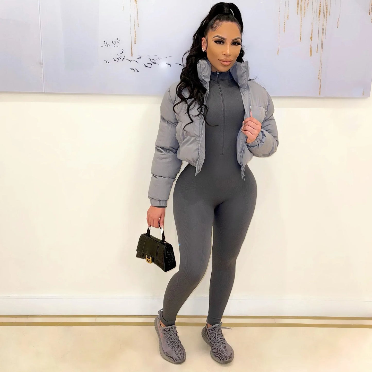 Fall Zip Up Turtleneck Cropped Puffer Jacket Solid Color Wholesale Winter Clothes Women Bubble Coat Outwear LadyShow.Store