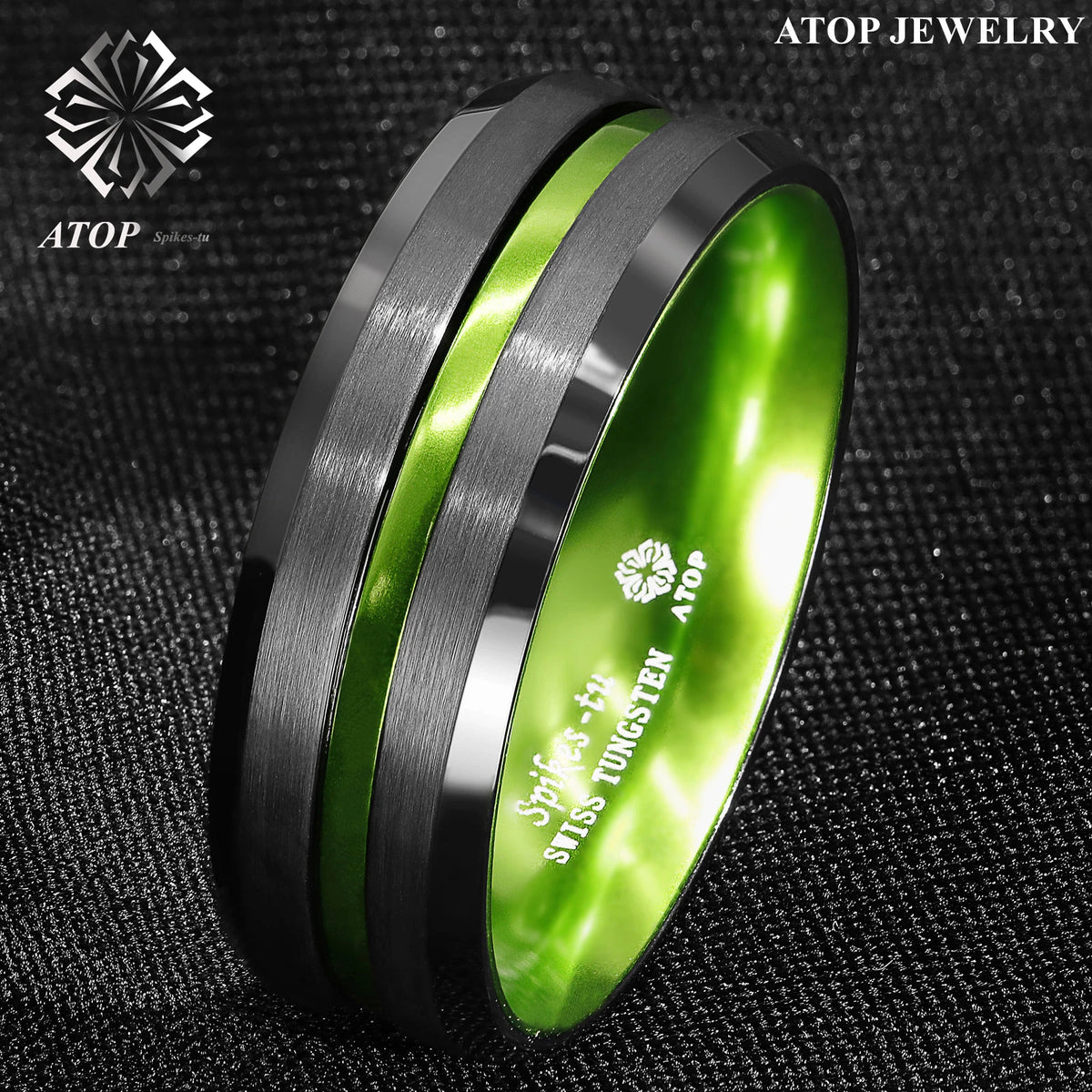8/6mm Black Tungsten Carbide Green Line Wedding Band Ring ATOP Men's Jewelry Pi-Mart