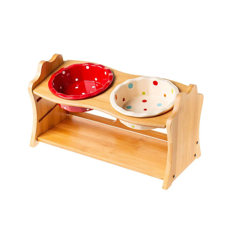 Cute Pets Double Bowl Dog Cat Food Water Feeder Stand Raised Ceramic Dish Bowl Wooden Table Pet Supplies Pi-Mart