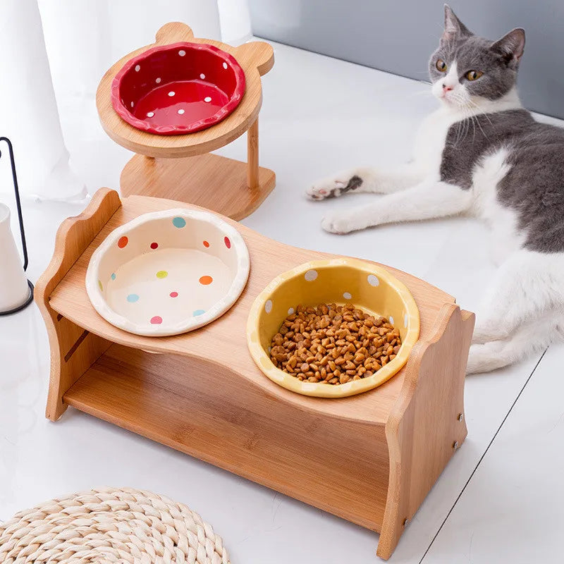 Cute Pets Double Bowl Dog Cat Food Water Feeder Stand Raised Ceramic Dish Bowl Wooden Table Pet Supplies Pi-Mart