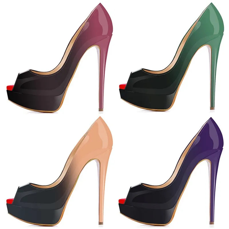 Women Pumps Sexy Platform Peep Toe 14cm Extremely Thin High Heels Stiletto Patent Leather Fashion Party Nighclub Wedding Shoes Pi-Mart
