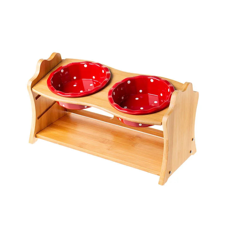 Cute Pets Double Bowl Dog Cat Food Water Feeder Stand Raised Ceramic Dish Bowl Wooden Table Pet Supplies Pi-Mart