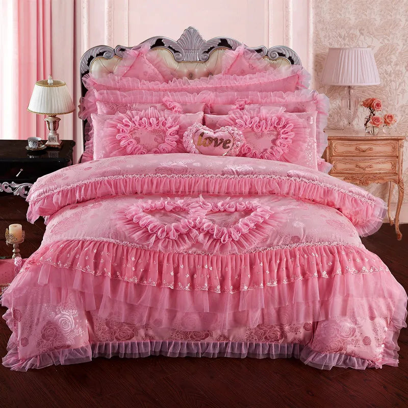 Luxury Wedding Bedding Sets Queen King Size Pink Princess Lace Bedcover Set Jacquard Duvet Cover Bed Sheet Pillowcases LadyShow.Store